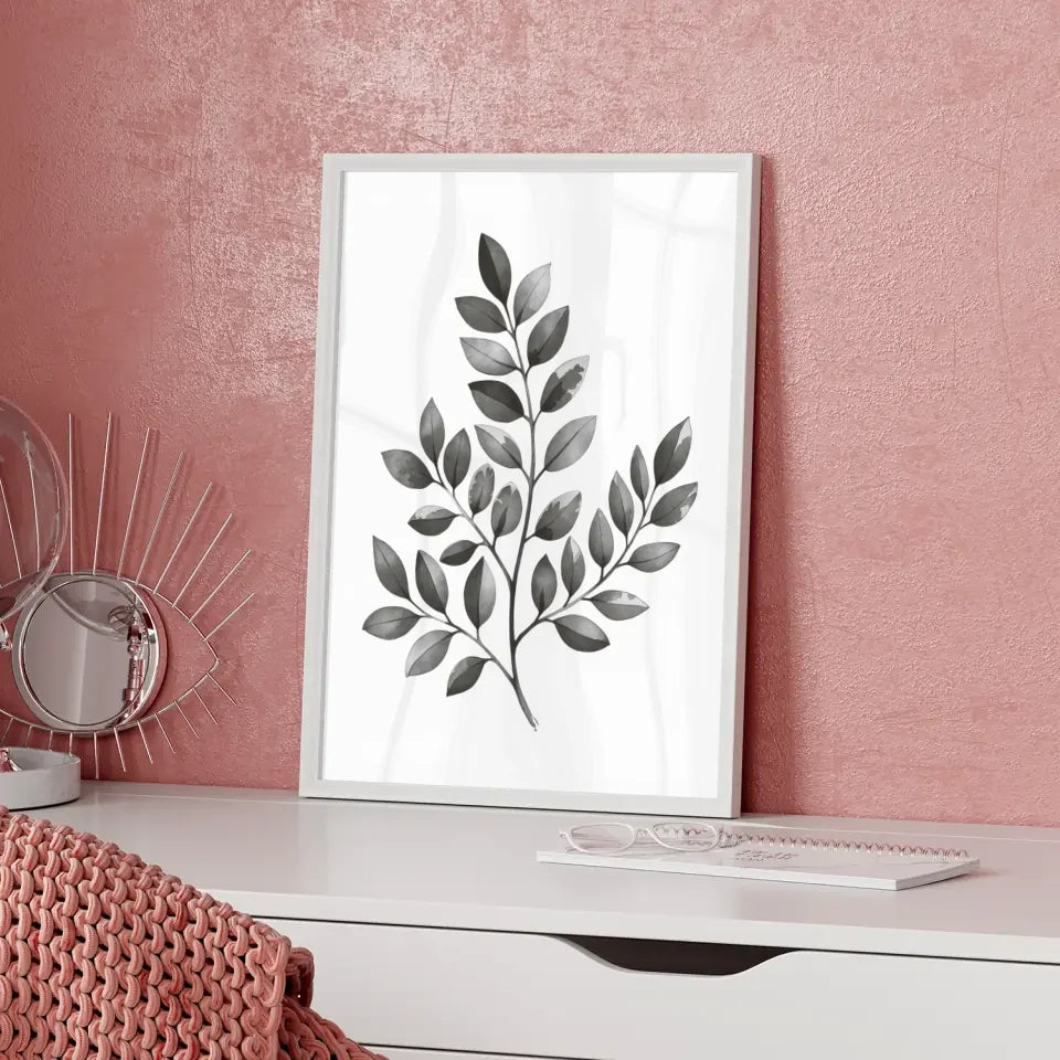 Monochromes Pflanzen Poster mit Aquarellillustration und Licht Schatten