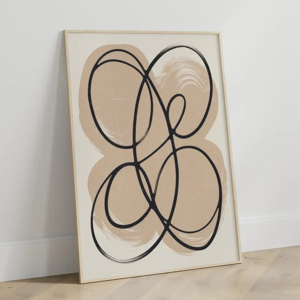 Abstraktes Poster mit geschwungenen Linien und ruhigem beigen Hintergrund