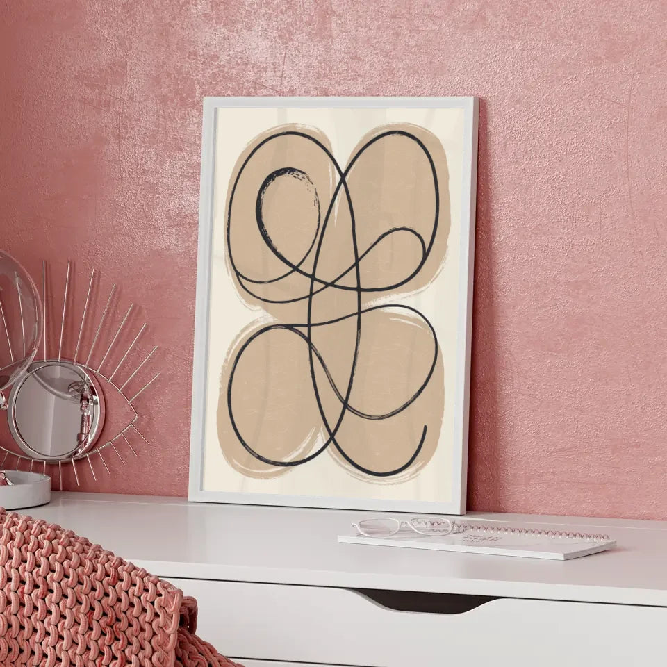 Abstraktes Poster mit geschwungenen Linien und ruhigem beigen Hintergrund