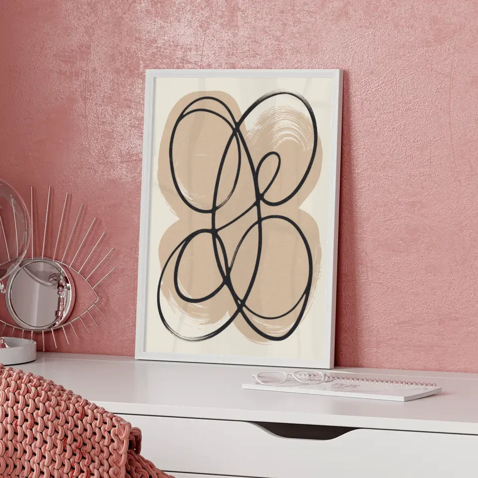 Abstraktes Poster mit geschwungenen Linien und ruhigem beigen Hintergrund