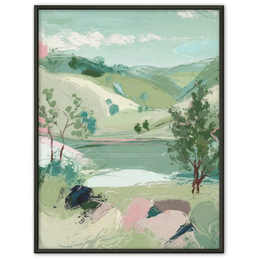 Bikini-Trägerin mit rosa Haaren am Strand und Surfbrett – Künstlerisches Poster 1