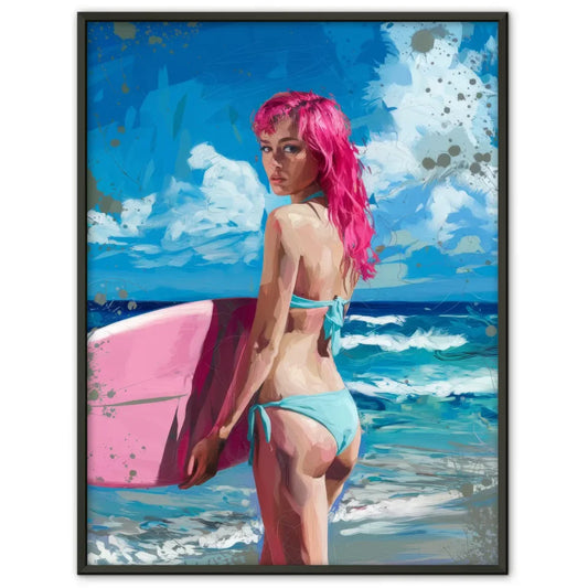 Bunte Strandposter mit fröhlichen Slogans und rosahaariger Bikini-Frau 1