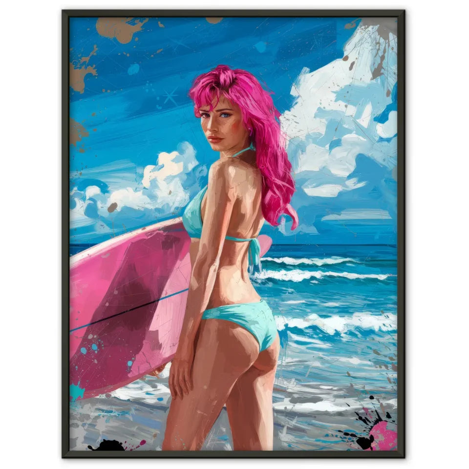 Poster einer Frau mit rosa Haaren am Strand im Bikini und Surfbrett