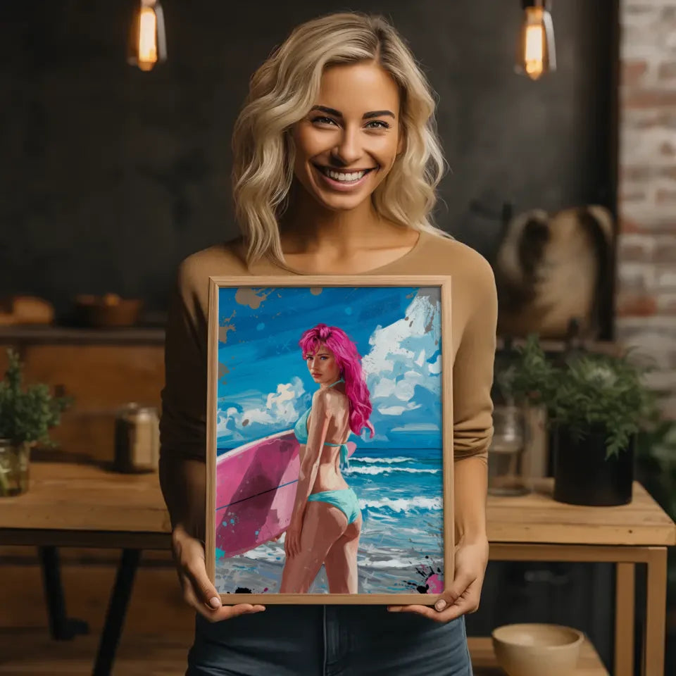 Poster einer Frau mit rosa Haaren am Strand im Bikini und Surfbrett