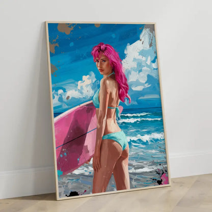 Poster einer Frau mit rosa Haaren am Strand im Bikini und Surfbrett