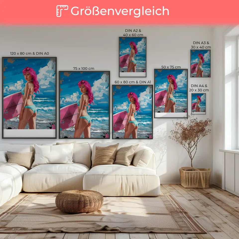 Poster einer Frau mit rosa Haaren am Strand im Bikini und Surfbrett