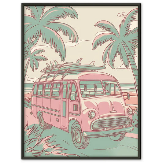 Vintage Poster rosa Bus mit Surfbrettern Strand Palmen pastellfarben