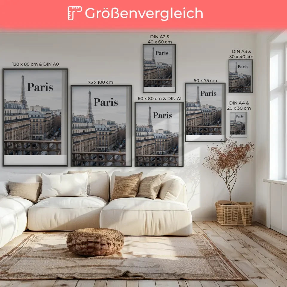 Poster mit Panoramablick auf Paris Eiffelturm und Architektur erleben