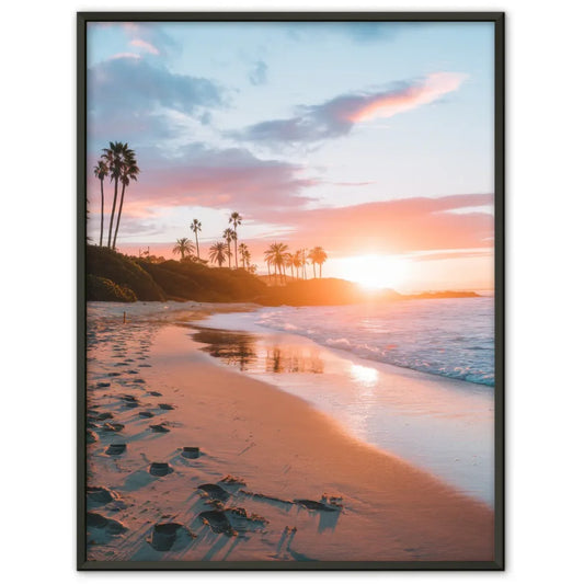 Sonnenuntergangs-Poster mit Palmen, Strand und pastellfarbenen Surfbrettern 1