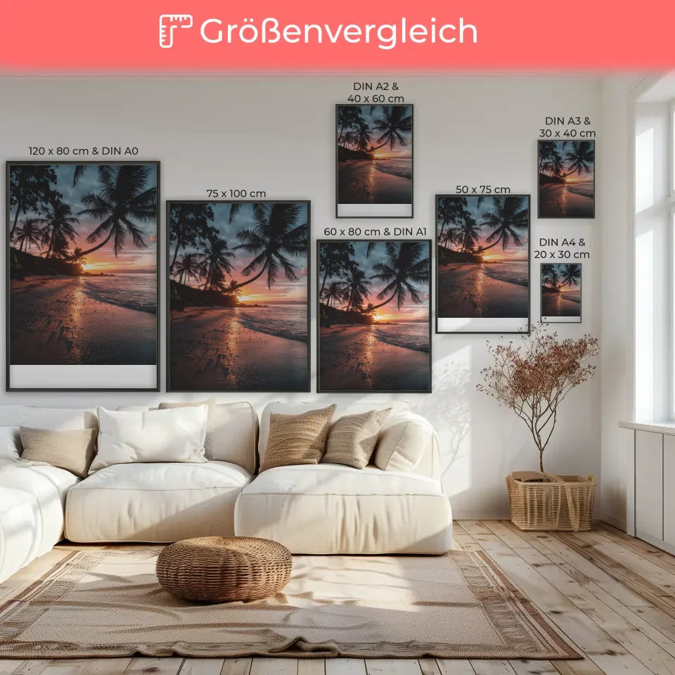 Sonnenuntergang Poster Kalifornien mit Palmen und Strandmotiven