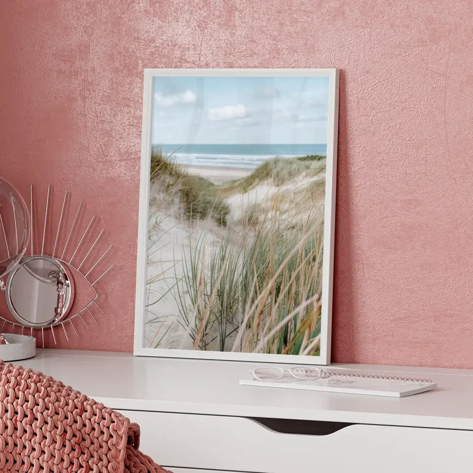 Poster mit Naturmotiv Samtgras Dünen Strand und Meer in Nahaufnahme