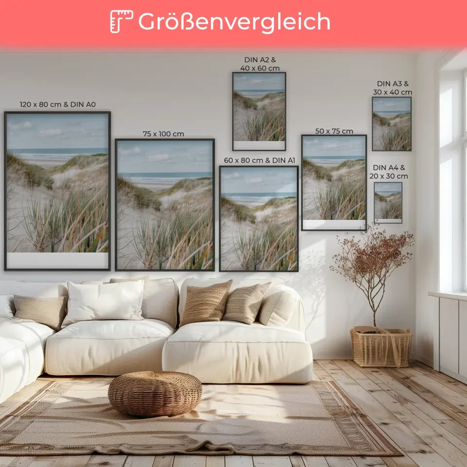 Poster mit Naturmotiv Samtgras Dünen Strand und Meer in Nahaufnahme