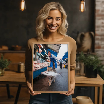 Katze stiehlt Fisch Poster für Katzenliebhaber und Markt-Fans