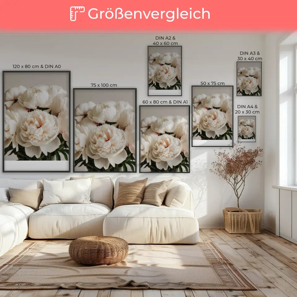 Eleganter Poster mit weißen Pfingstrosen in Blüte für Ihr Zuhause