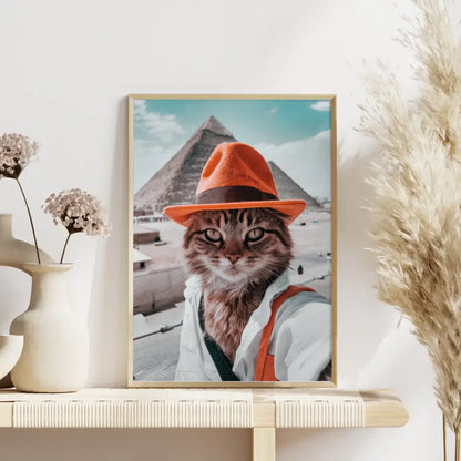 Süße Katze macht Selfie vor Cheops-Pyramide Poster für Katzenliebhaber