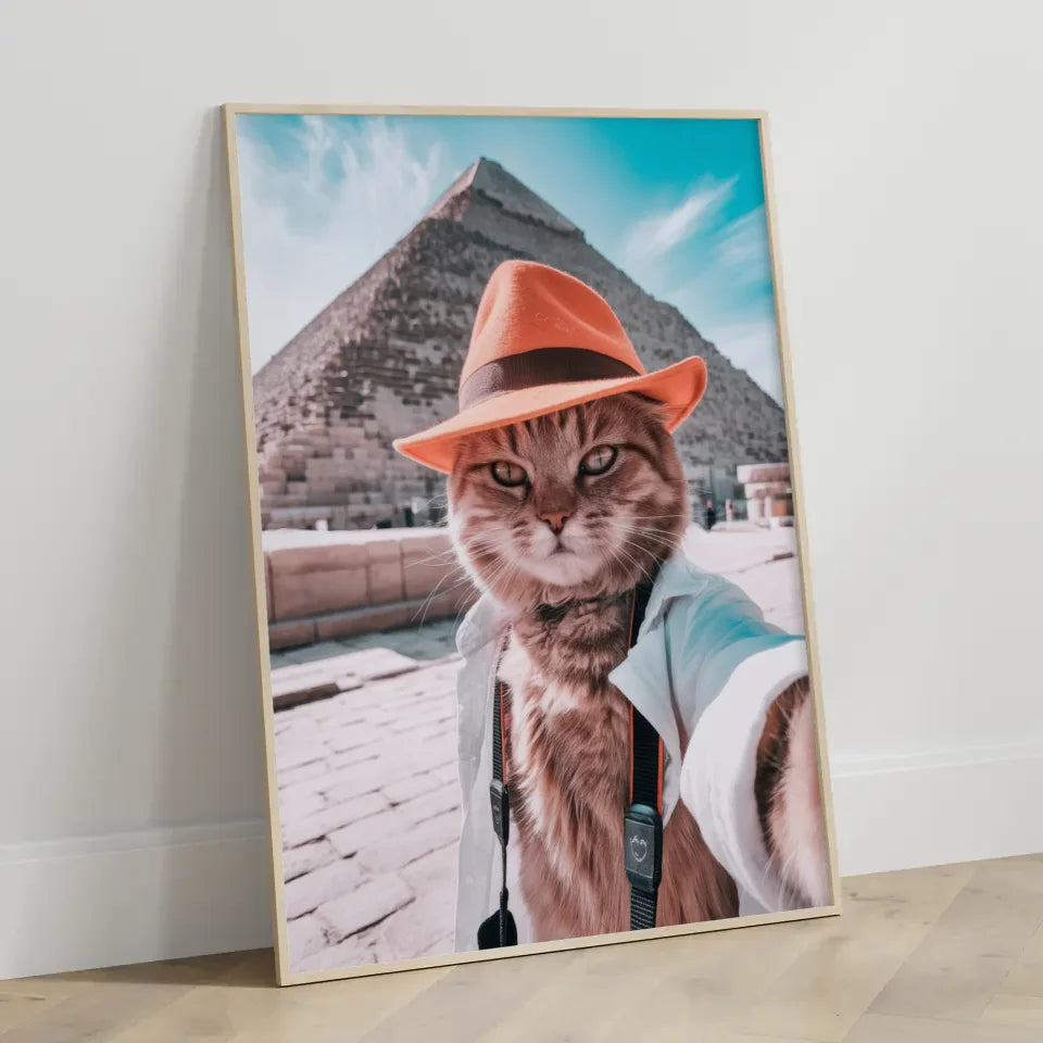 Süße Katze im Hut Poster vor Cheops-Pyramide in Ägypten