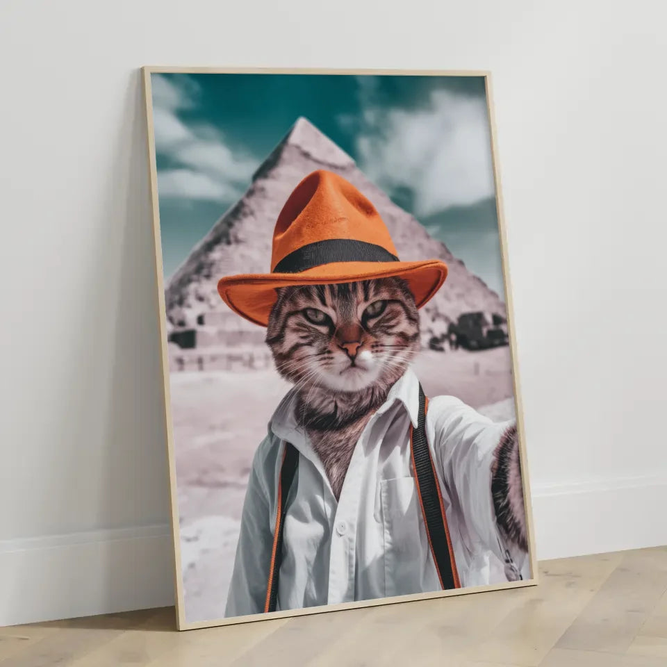 Süße Katze mit Hut Poster vor Cheops-Pyramide in Ägypten