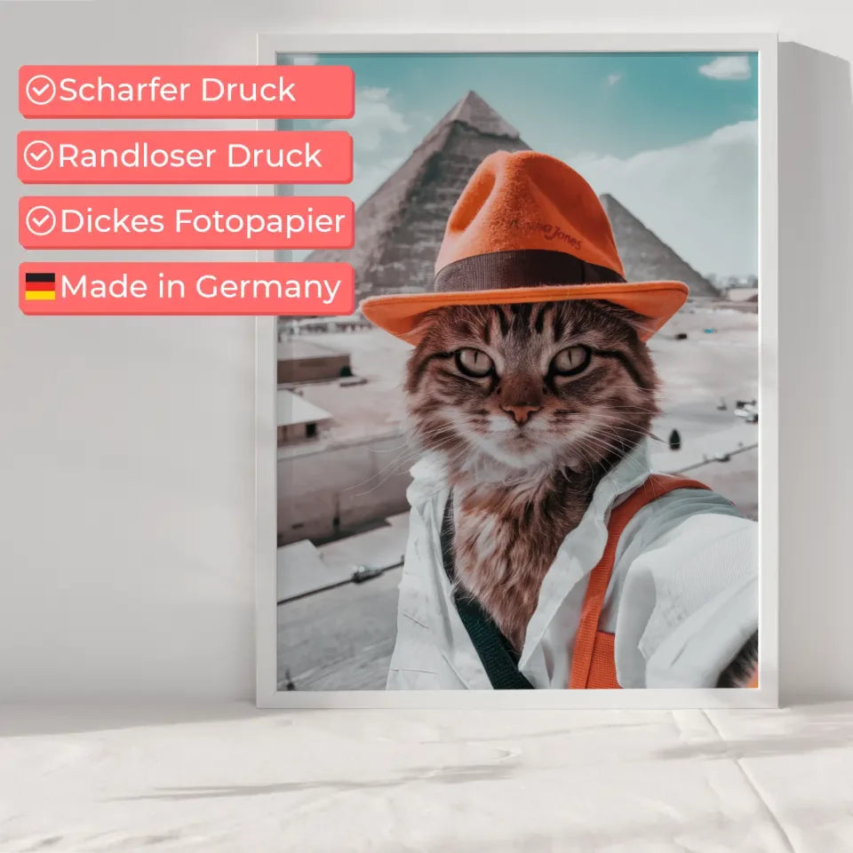 Süße Katze macht Selfie vor Cheops-Pyramide Poster für Katzenliebhaber