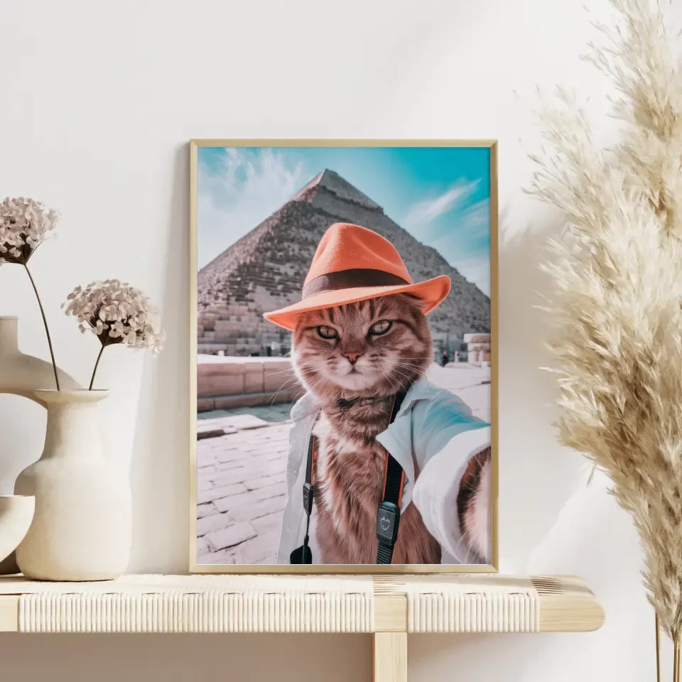 Süße Katze im Hut Poster vor Cheops-Pyramide in Ägypten