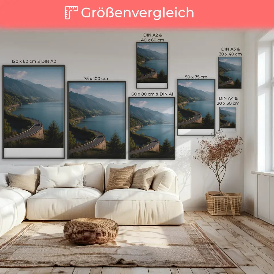 Poster mit ruhiger Strandszene bei Sonnenuntergang für gemütliches Wohnen