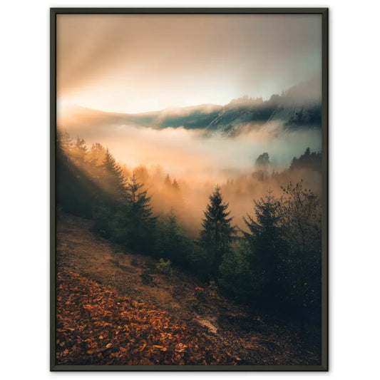 Poster nebliger Sonnenaufgang im Wald mit goldenem Licht und Bergen