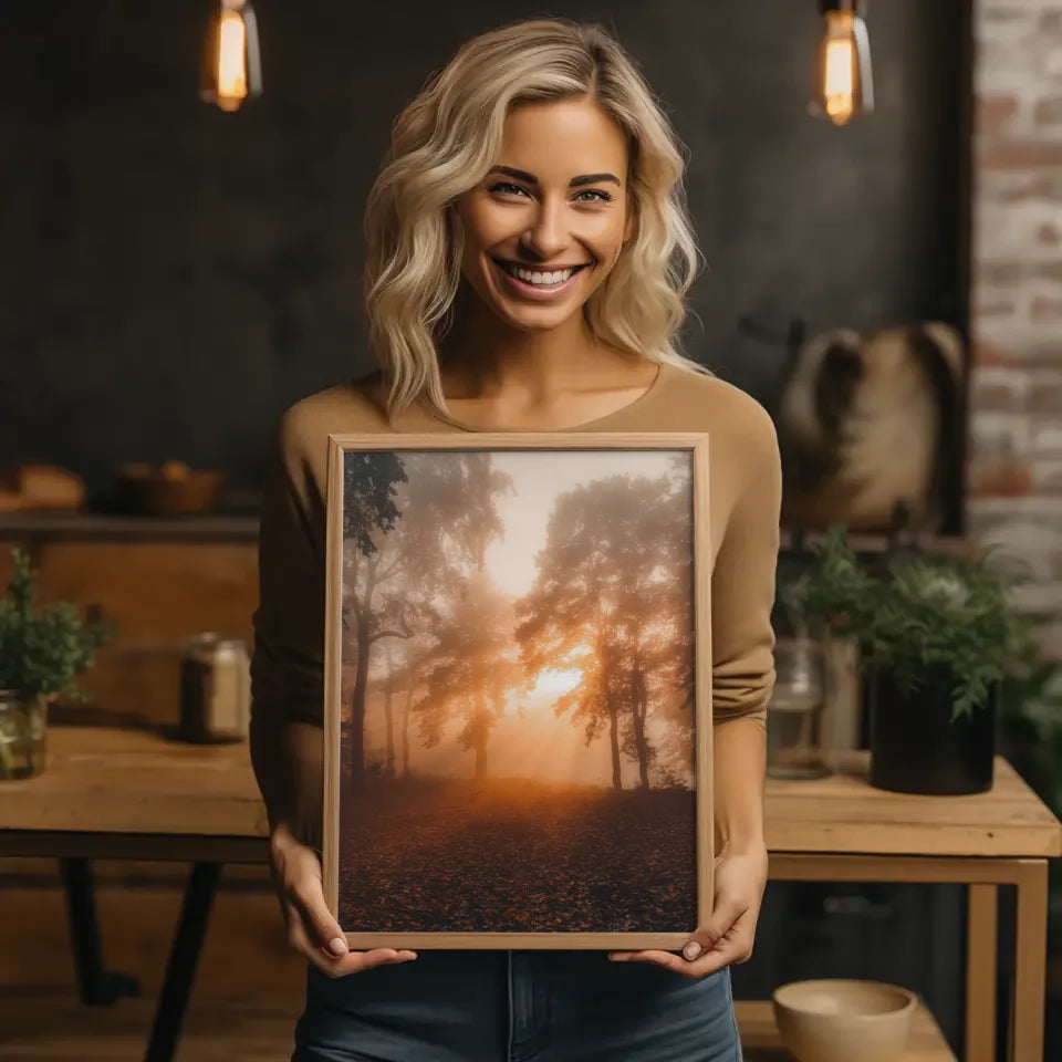 Poster nebliger Sonnenaufgang im Wald mit goldenem Licht