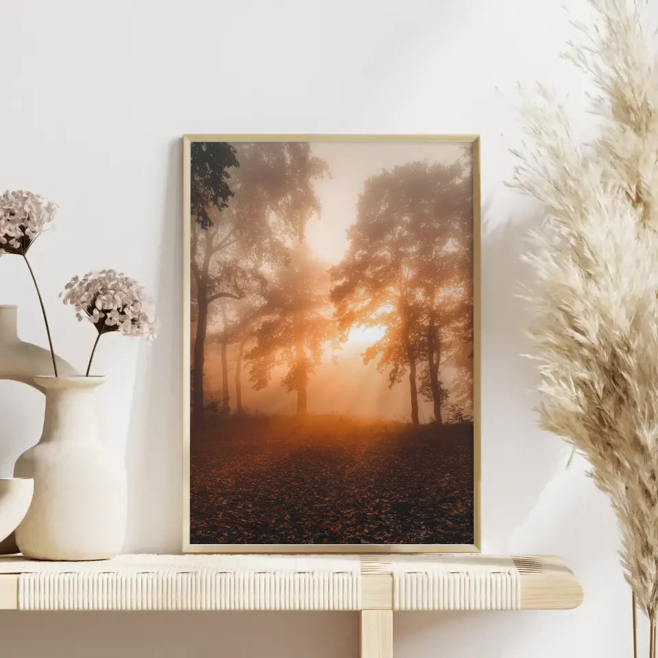 Poster nebliger Sonnenaufgang im Wald mit goldenem Licht