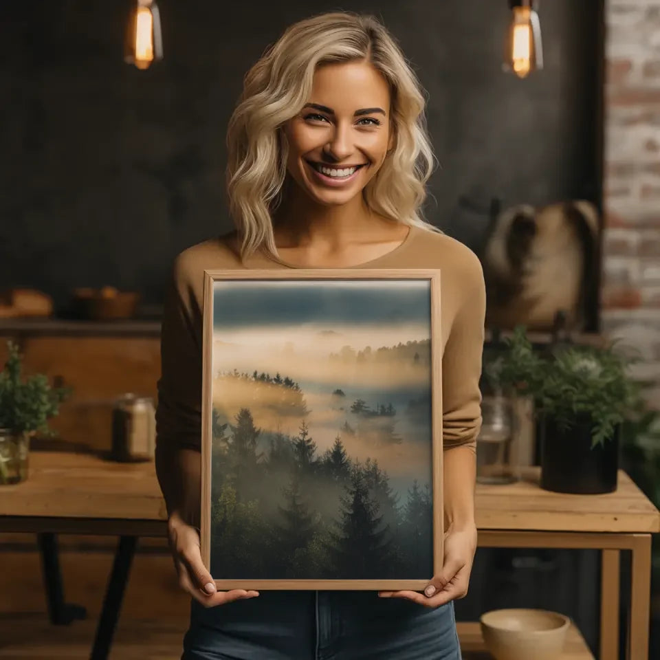 Poster nebliger Sonnenaufgang im Wald mit strahlendem Licht