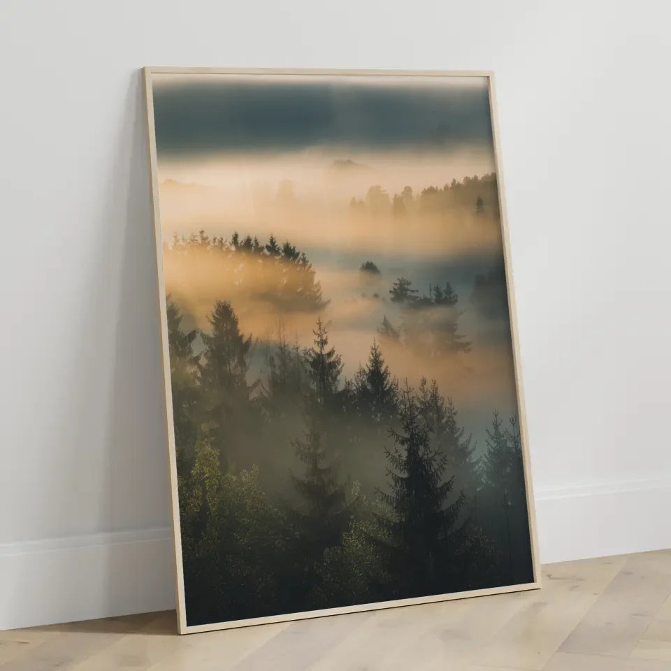 Poster nebliger Sonnenaufgang im Wald mit strahlendem Licht