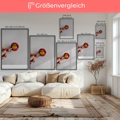 Poster mit leuchtend roten Lippen und buntem Lutscher Bild für Dein Zuhause