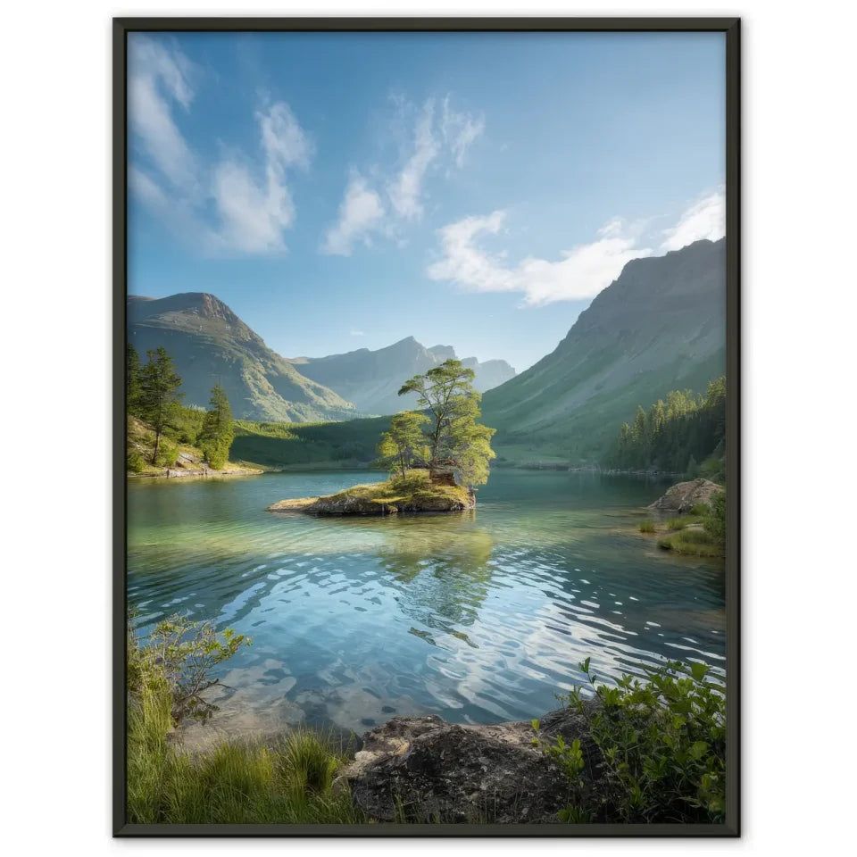 Poster einer magischen Landschaft mit kristallklarem See und Bergen