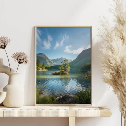 Poster einer magischen Landschaft mit kristallklarem See und Bergen