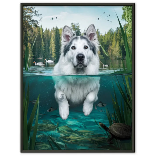 Schäferhund Poster schwimmend im klaren See mit Naturmotiv