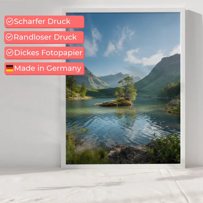 Poster einer magischen Landschaft mit kristallklarem See und Bergen