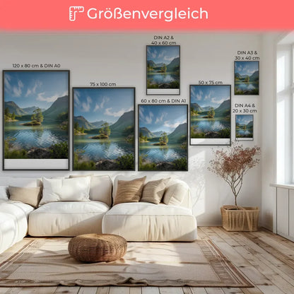 Poster einer magischen Landschaft mit kristallklarem See und Bergen