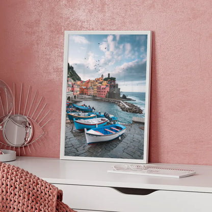 Poster rosa Bus Surfbretter Palmen Strandfoto pastellfarben dekorativ