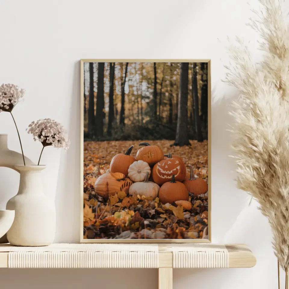 Poster mit farbenfrohen Blättern am See im Wald 4