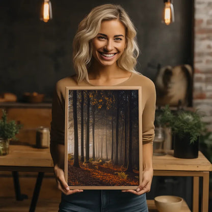 Ruhiger Wald Poster Herbst mit goldenen Tönen und nebliger Atmosphäre