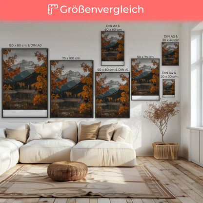 Ruhiger See im Herbst Poster mit Bäumen und Bergen Naturkunst dekorativ