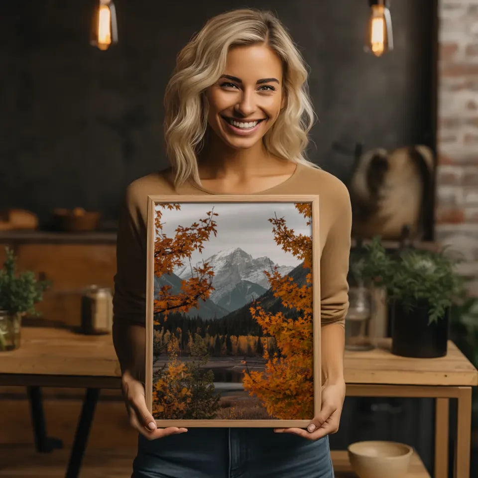 Herbstliche Landschaft Poster mit Bäumen See und Bergen für dein Zuhause