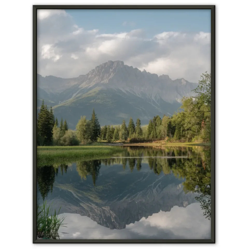 Ruhige Landschaft Poster mit unberührtem See und Bergen