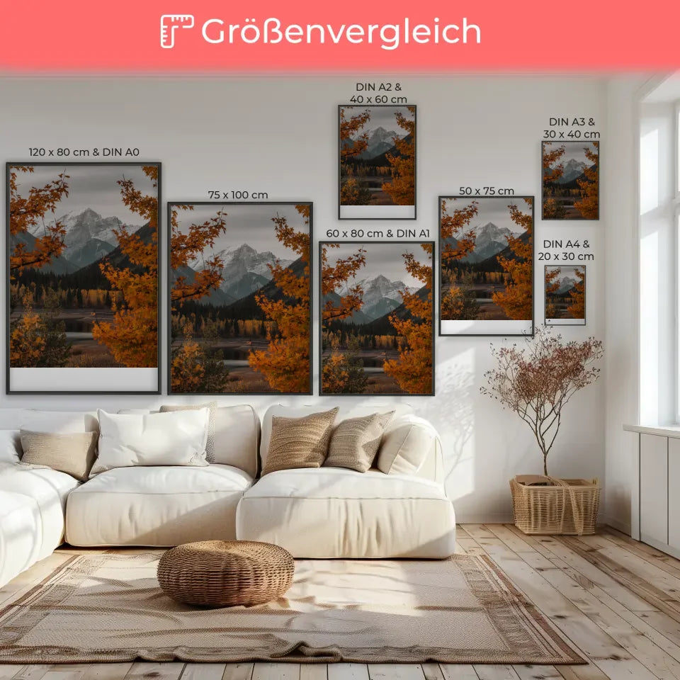 Herbstliche Landschaft Poster mit Bäumen See und Bergen für dein Zuhause