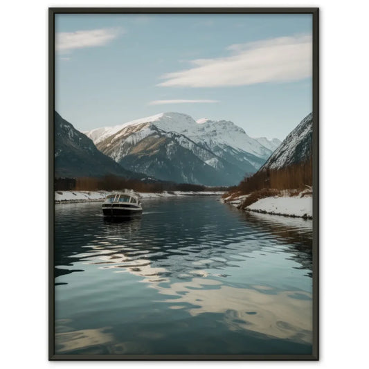 Ruhige Landschaft Poster mit Booten und schneebedeckten Bergen