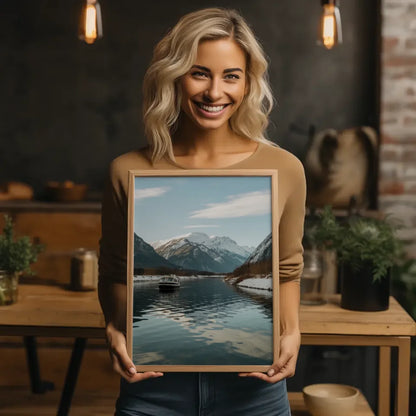 Ruhige Landschaft Poster mit Booten und schneebedeckten Bergen