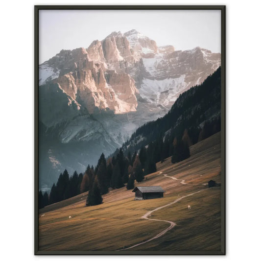 Ruhige Berglandschaft Poster mit schneebedeckten Gipfeln und Hütte