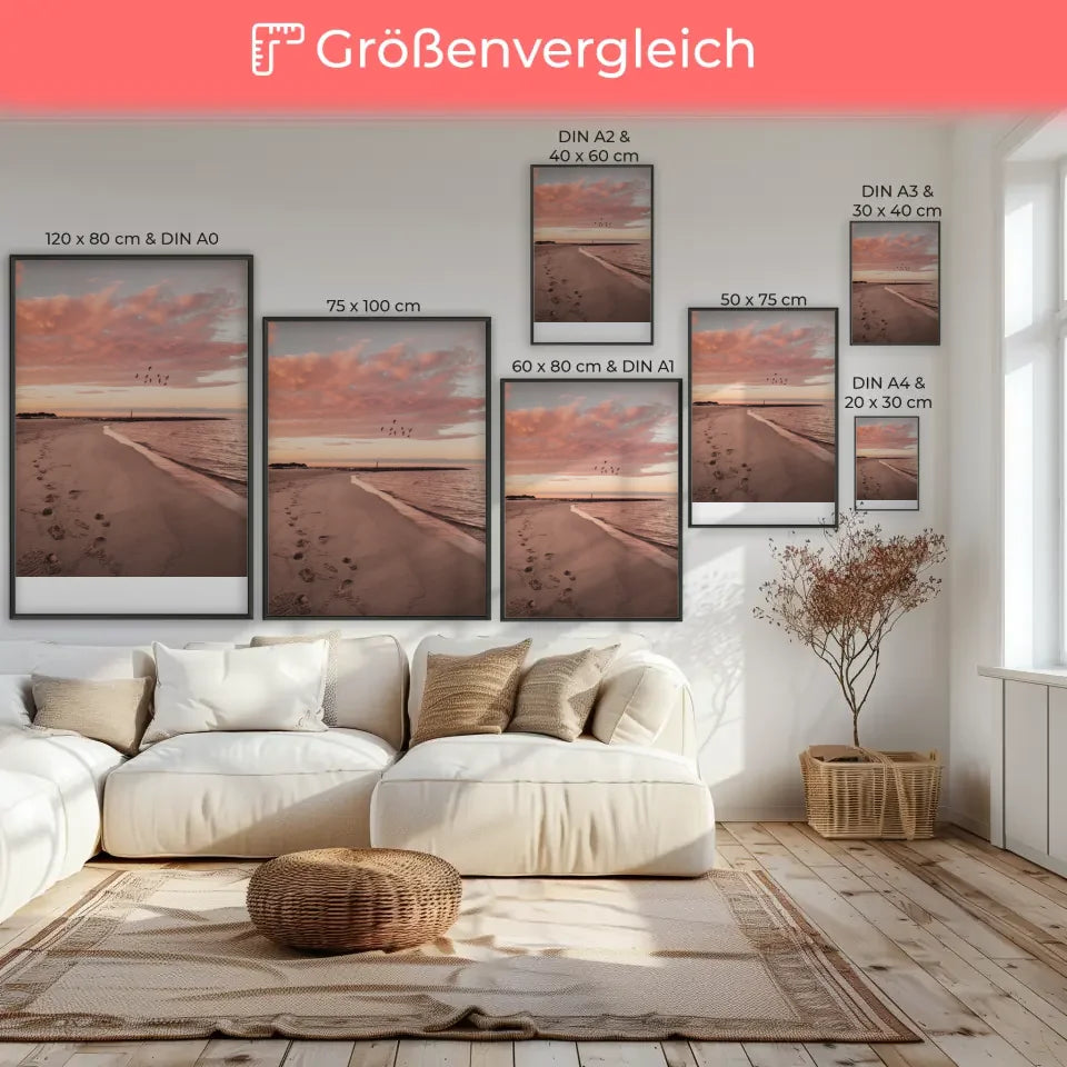 Poster ruhige Achtsamkeitsszene am Sandstrand bei Sonnenuntergang