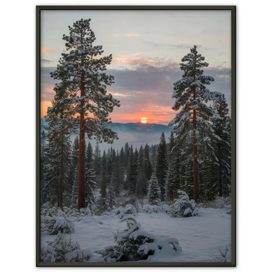 Poster verschneite Landschaft mit Sonnenaufgang rosa orange blau