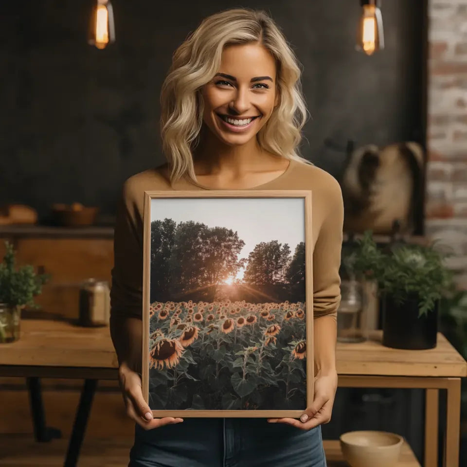 Sonnenblumenfeld Poster im warmen Sonnenuntergang für gemütliche Räume