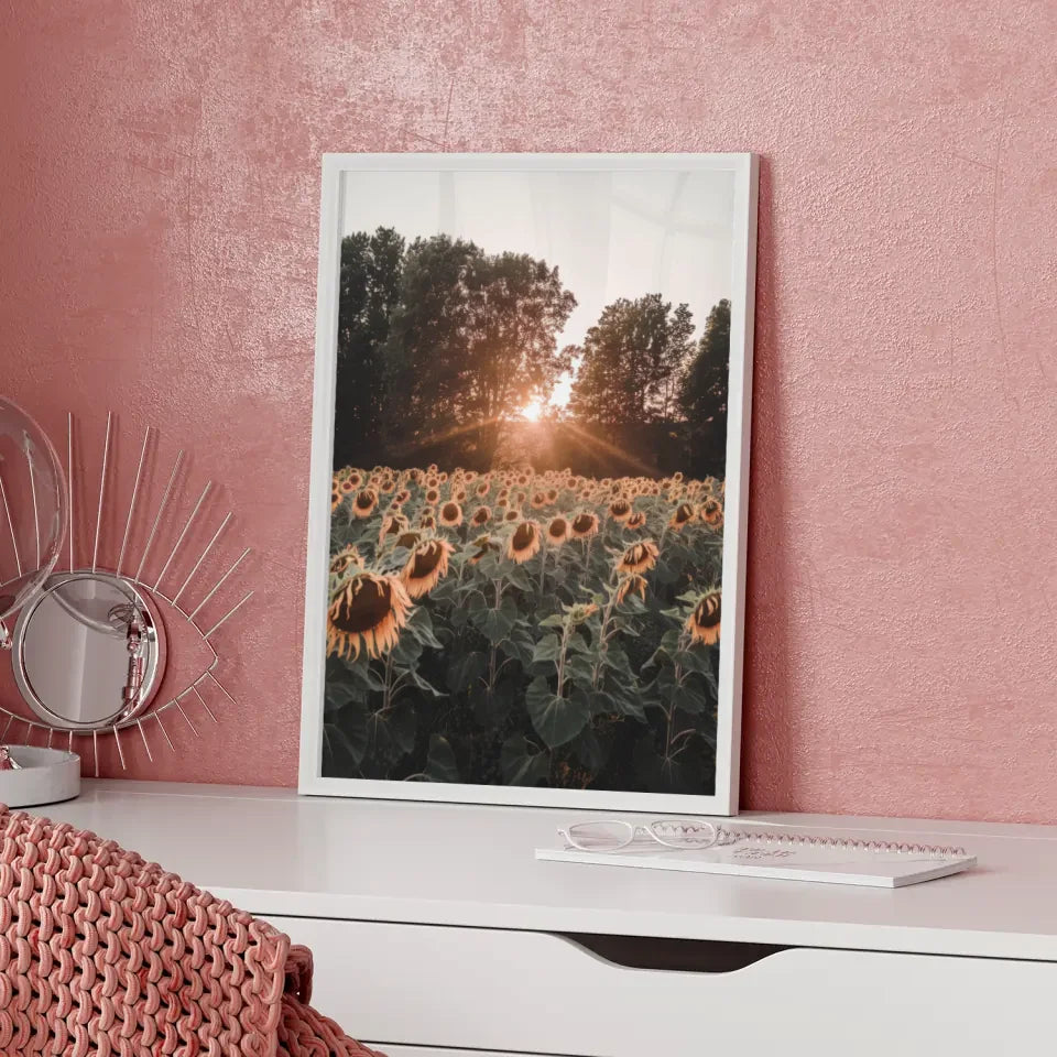 Sonnenblumenfeld Poster im warmen Sonnenuntergang für gemütliche Räume