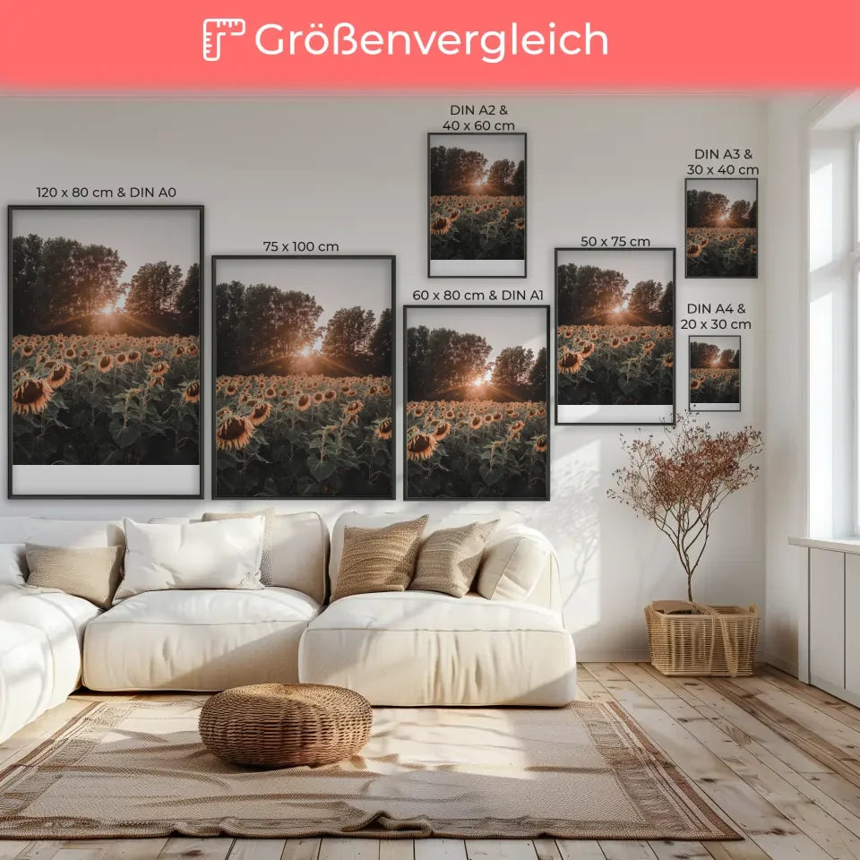 Sonnenblumenfeld Poster im warmen Sonnenuntergang für gemütliche Räume